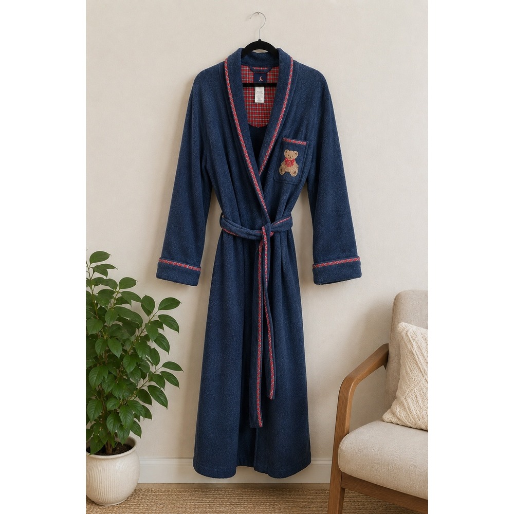 Vintage Simpatico Blue Terry Cloth Robe Teddy Bear Plaid Trim Cotton Blend OS